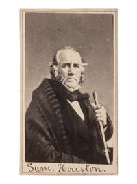 [TEXAS -- HOUSTON, Sam (1793-1863)]. CDV of General Houston seated with cane. New York: C. D. Fredricks & Co., ca 1860.