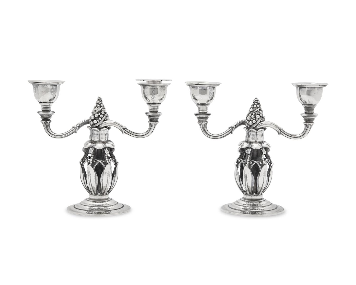 A Pair of Georg Jensen Silver Two-Light Candelabra