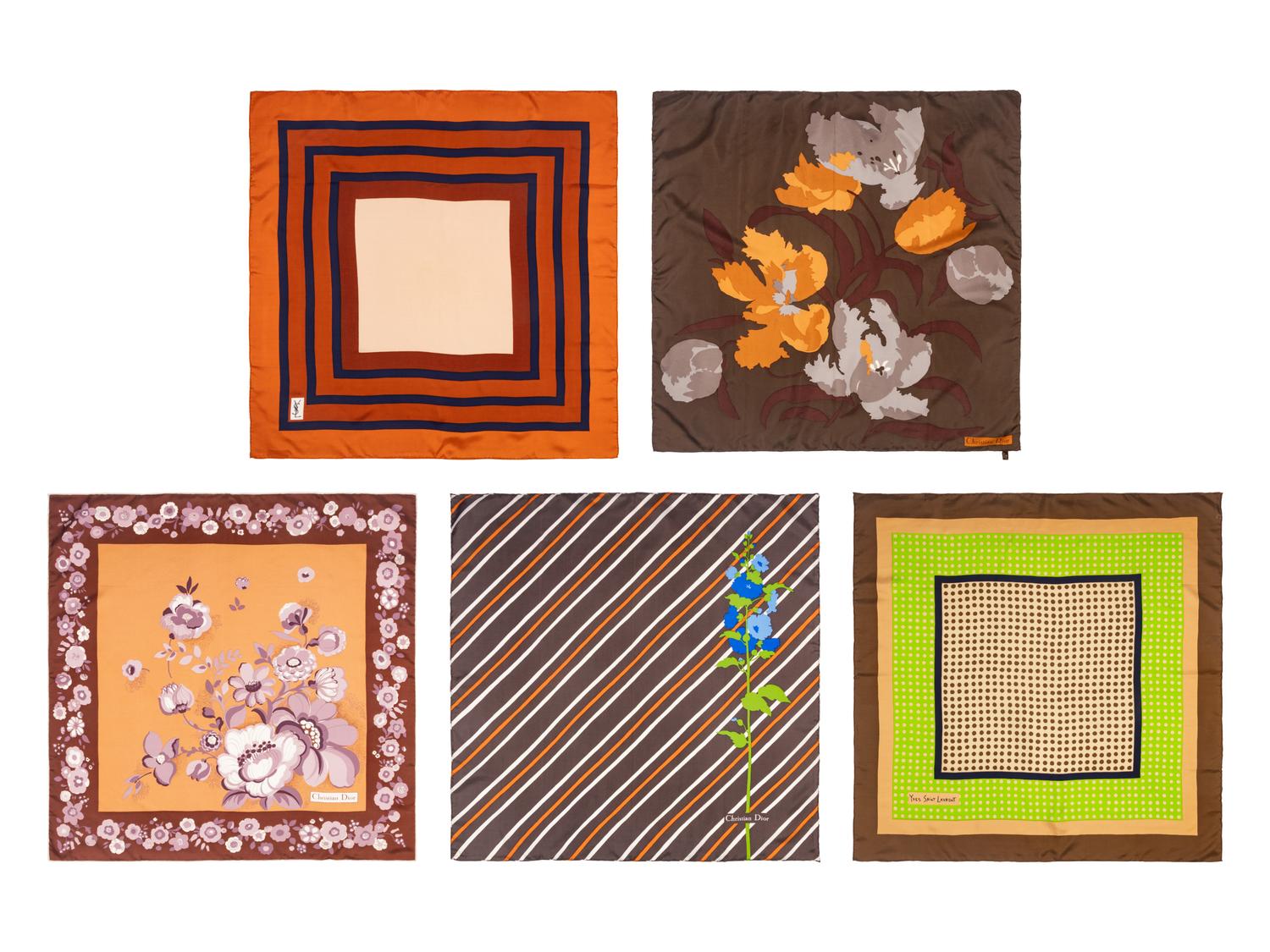 Five Designer Silk Scarves, YSL and Dior