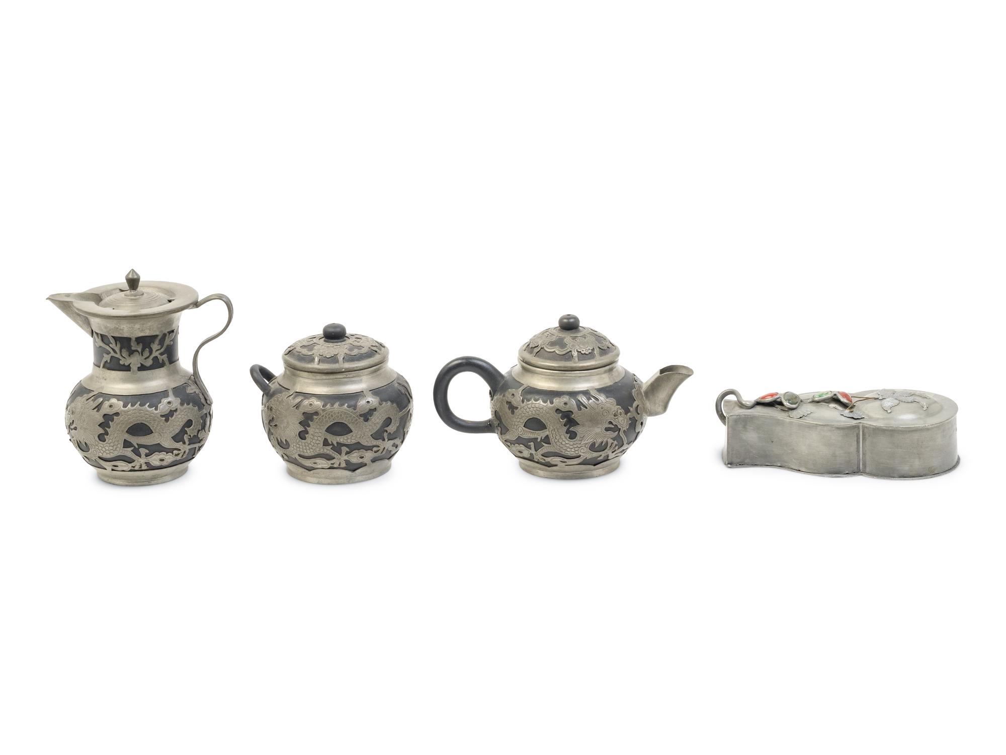 Four Chinese Pewter and Pewter Mounted Articles