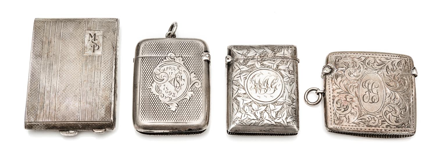 A Collection of Four English Silver Vesta Cases, Various Makers, comprising a Victorian example marked Birmingham, 1897 with a diapered