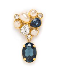 A Chanel Crystal and Faux Pearl Brooch and Earclip Set, Brooch 3", earclips 1.75".
