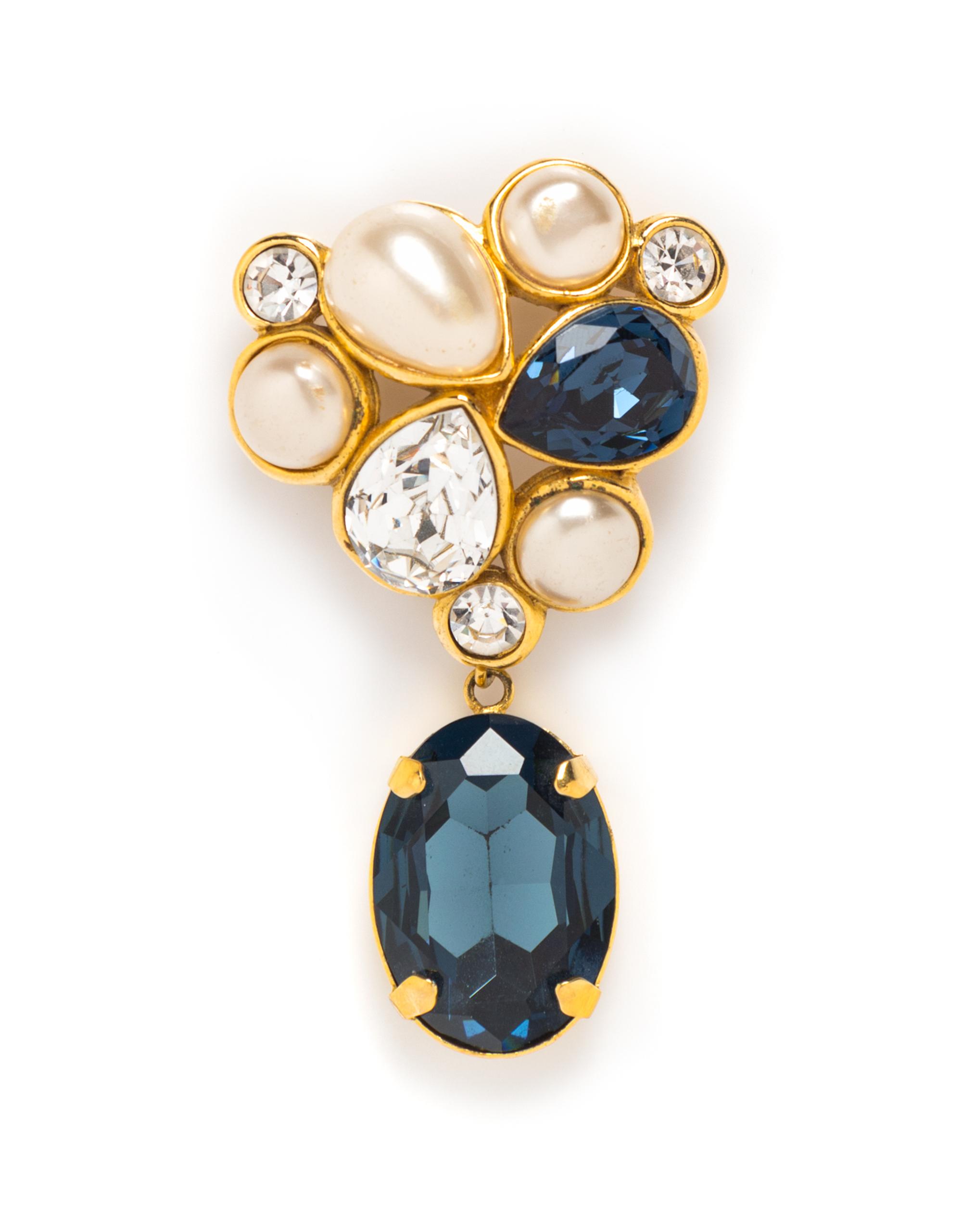 A Chanel Crystal and Faux Pearl Brooch and Earclip Set, Brooch 3", earclips 1.75".