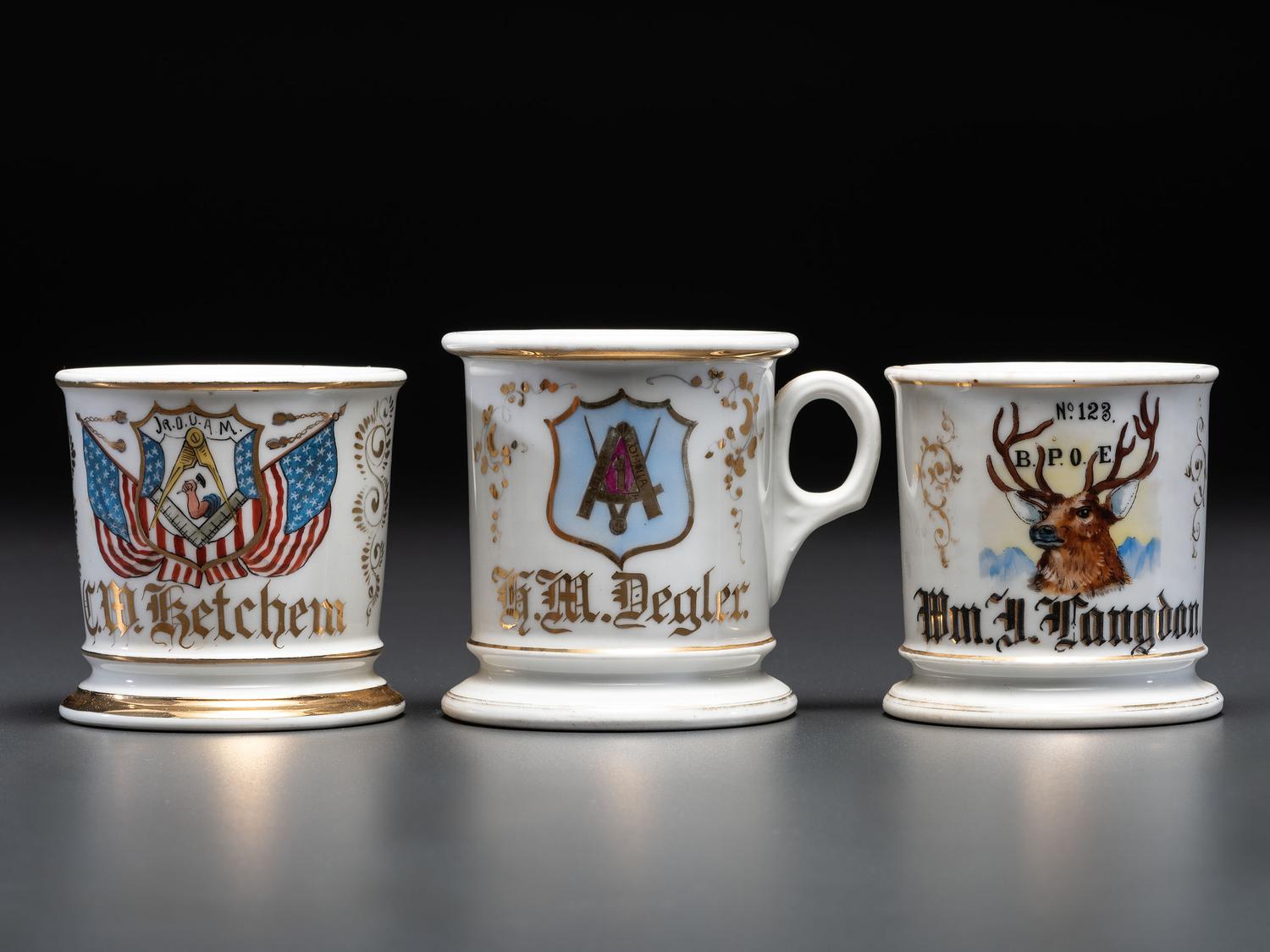Three Fraternal Porcelain Shaving Mugs
