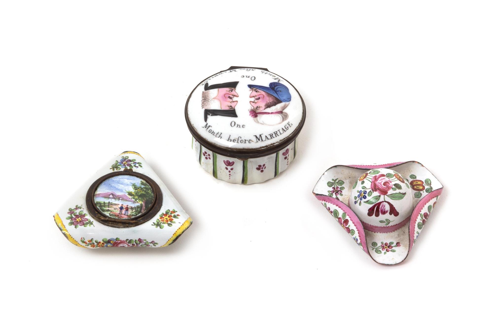 Three English Enamel Decorated Pill Boxes