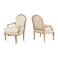 A Pair of Louis XV Style Painted and Parcel Gilt Fauteuils
