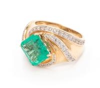 A 14 Karat Yellow Gold, Emerald and Diamond Ring,