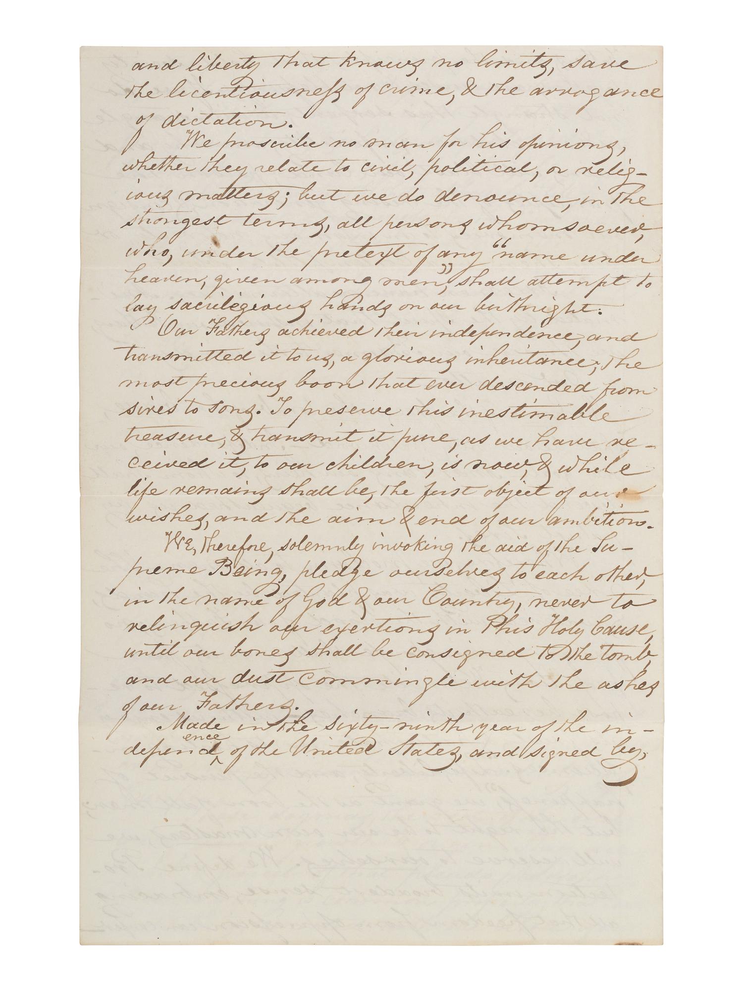 [POLITICS]. Unsigned manuscript, an "American Republican Manifesto," 1845.