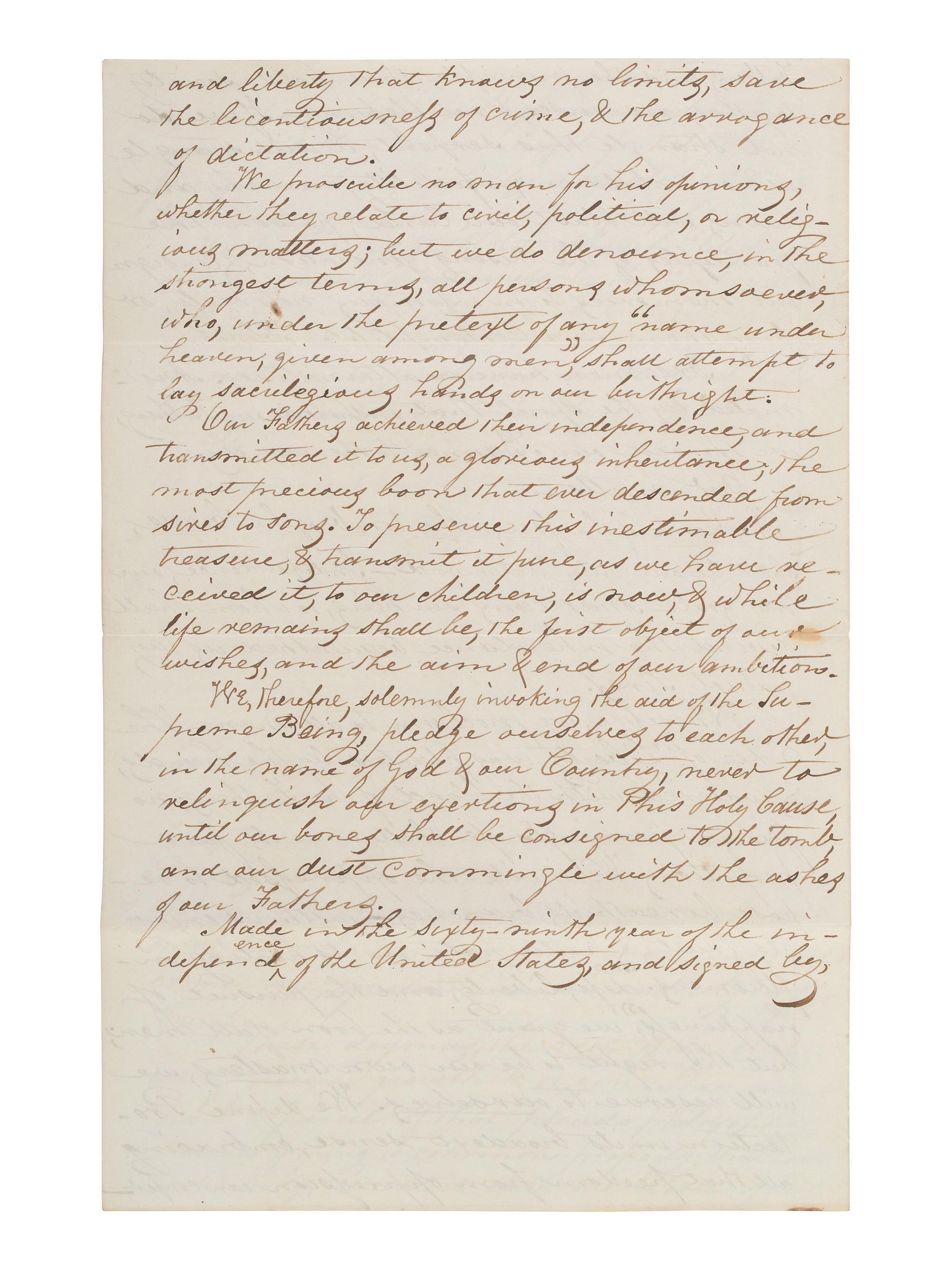 [POLITICS]. Unsigned manuscript, an "American Republican Manifesto," 1845.
