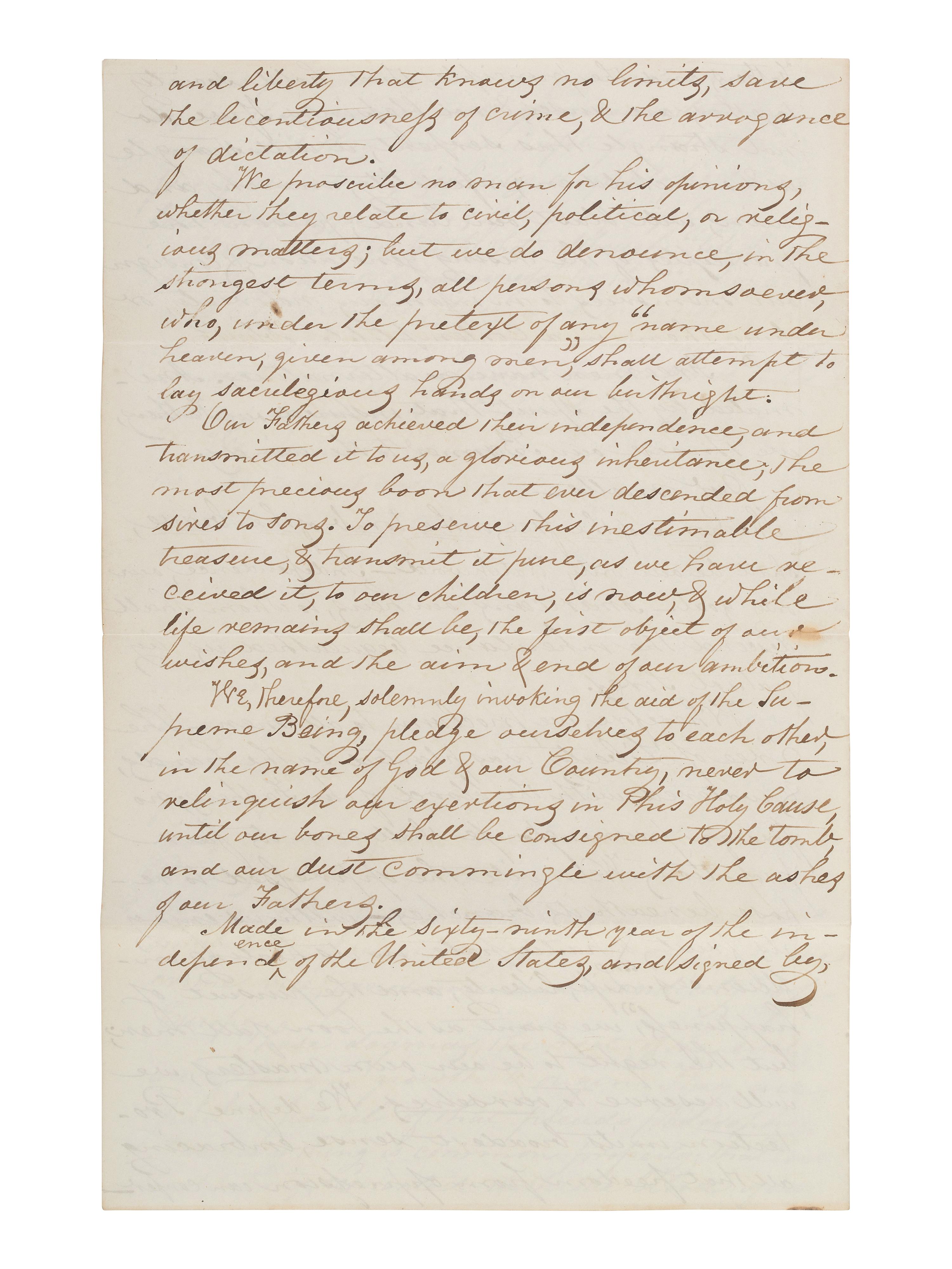 [POLITICS]. Unsigned manuscript, an "American Republican Manifesto," 1845.