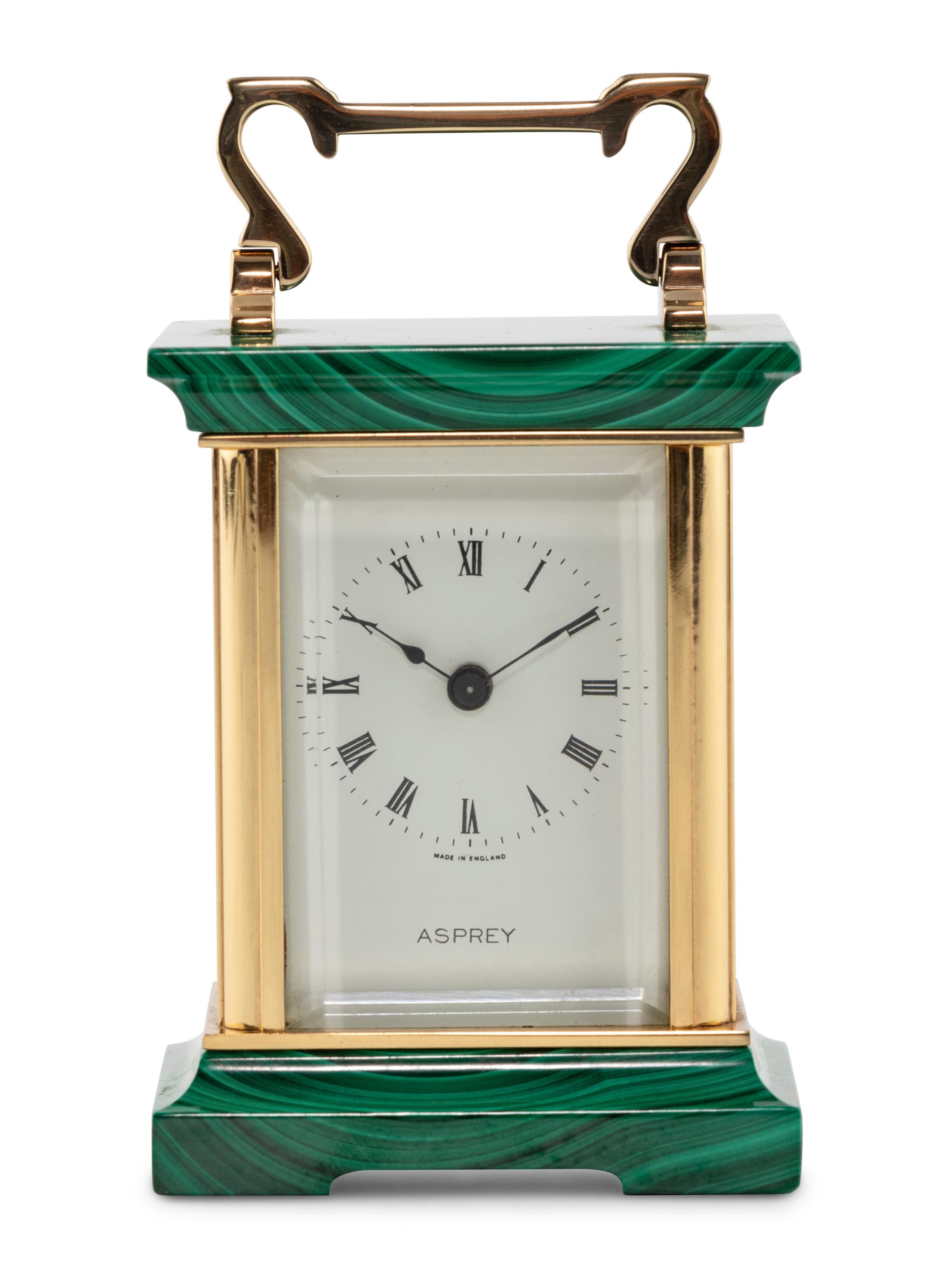 An Asprey and Co. Malachite and Brass Carriage Clock