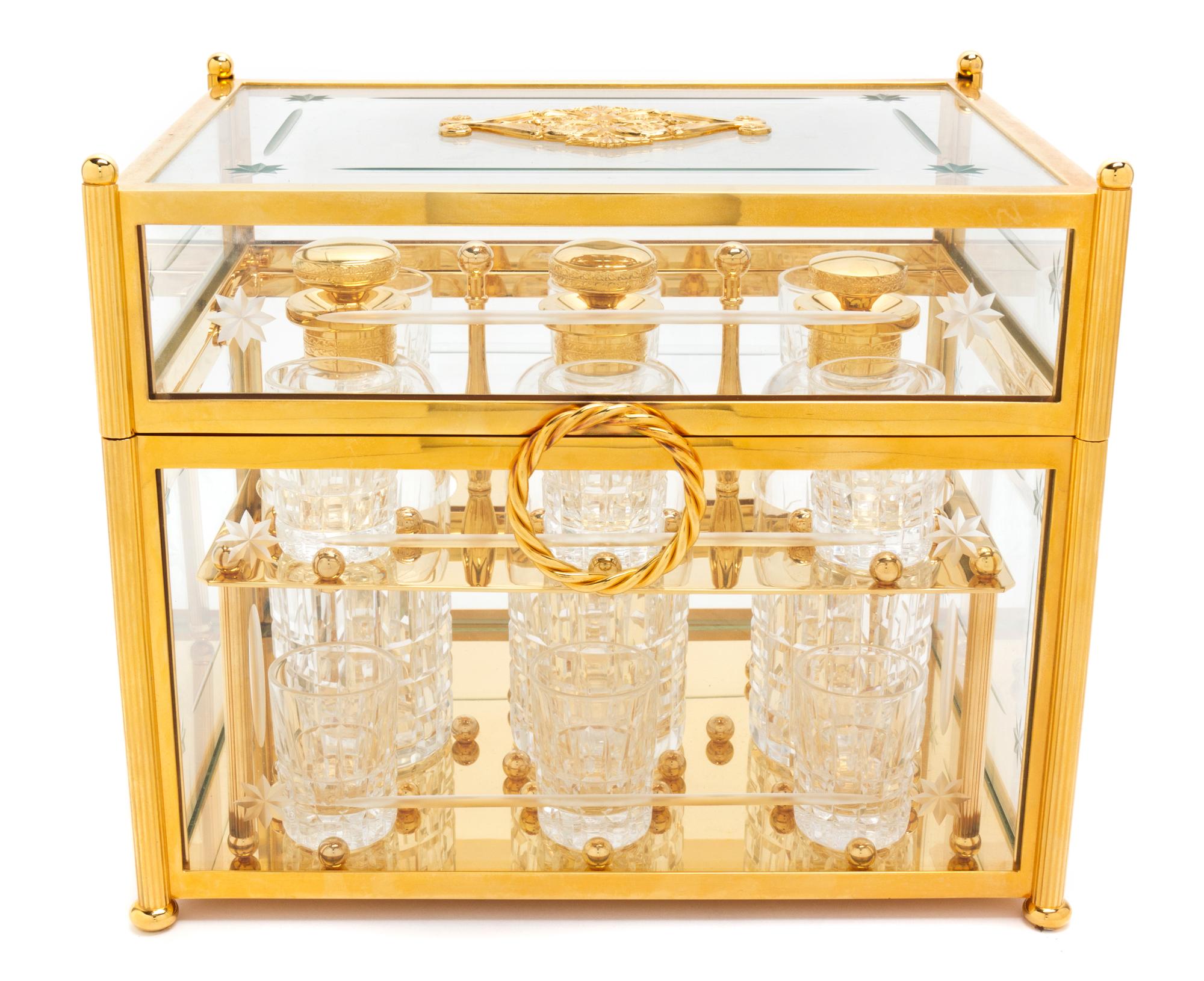 A French Brass and Glass Cave a Liqueur, Width 11 inches.