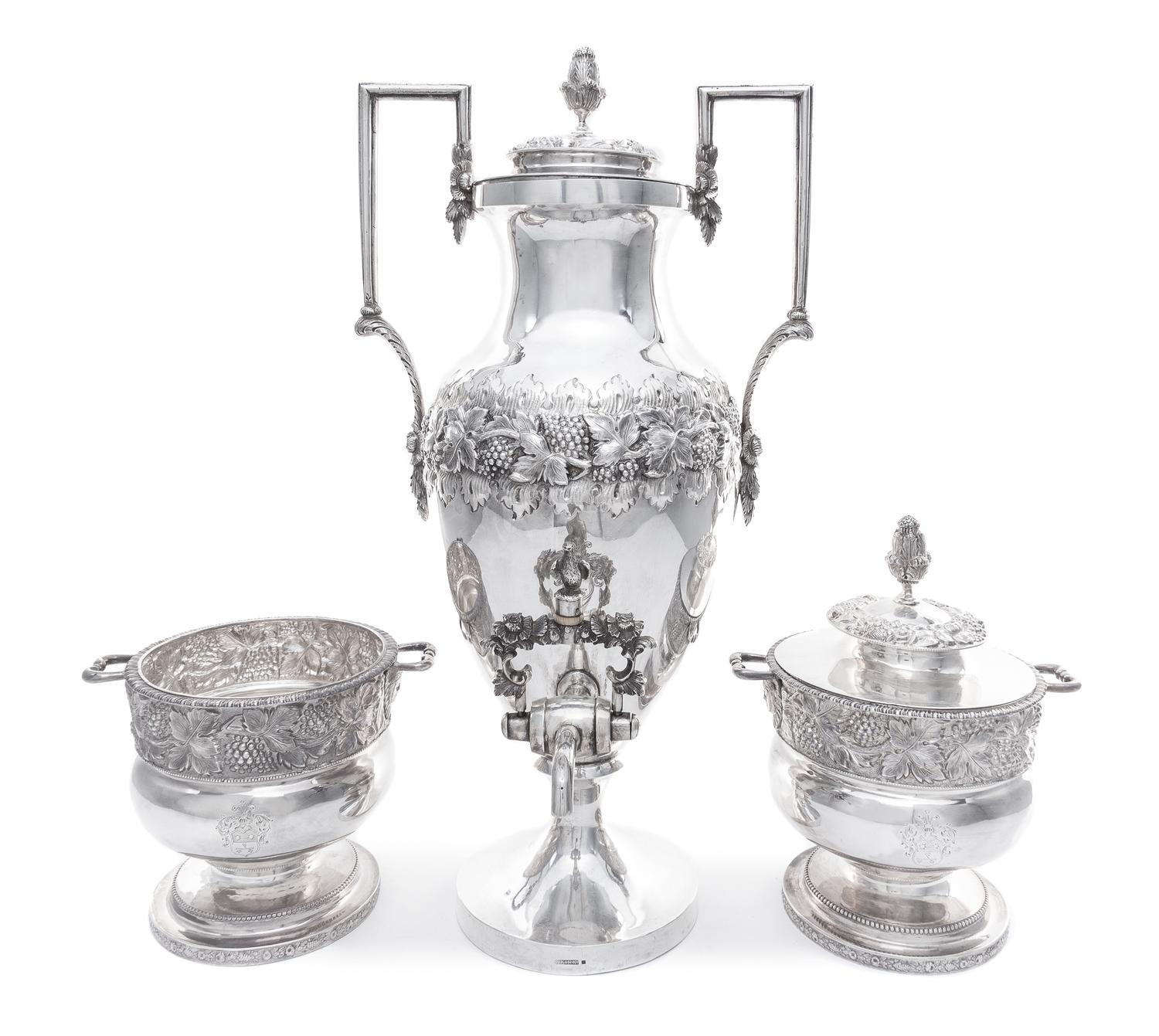 An American Silver Three-Piece Coffee Service, S. Kirk & Son, Baltimore, MD, First Half 19th Century, comprising a coffee urn, a covere