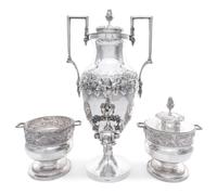 An American Silver Three-Piece Coffee Service, S. Kirk & Son, Baltimore, MD, First Half 19th Century, comprising a coffee urn, a covere