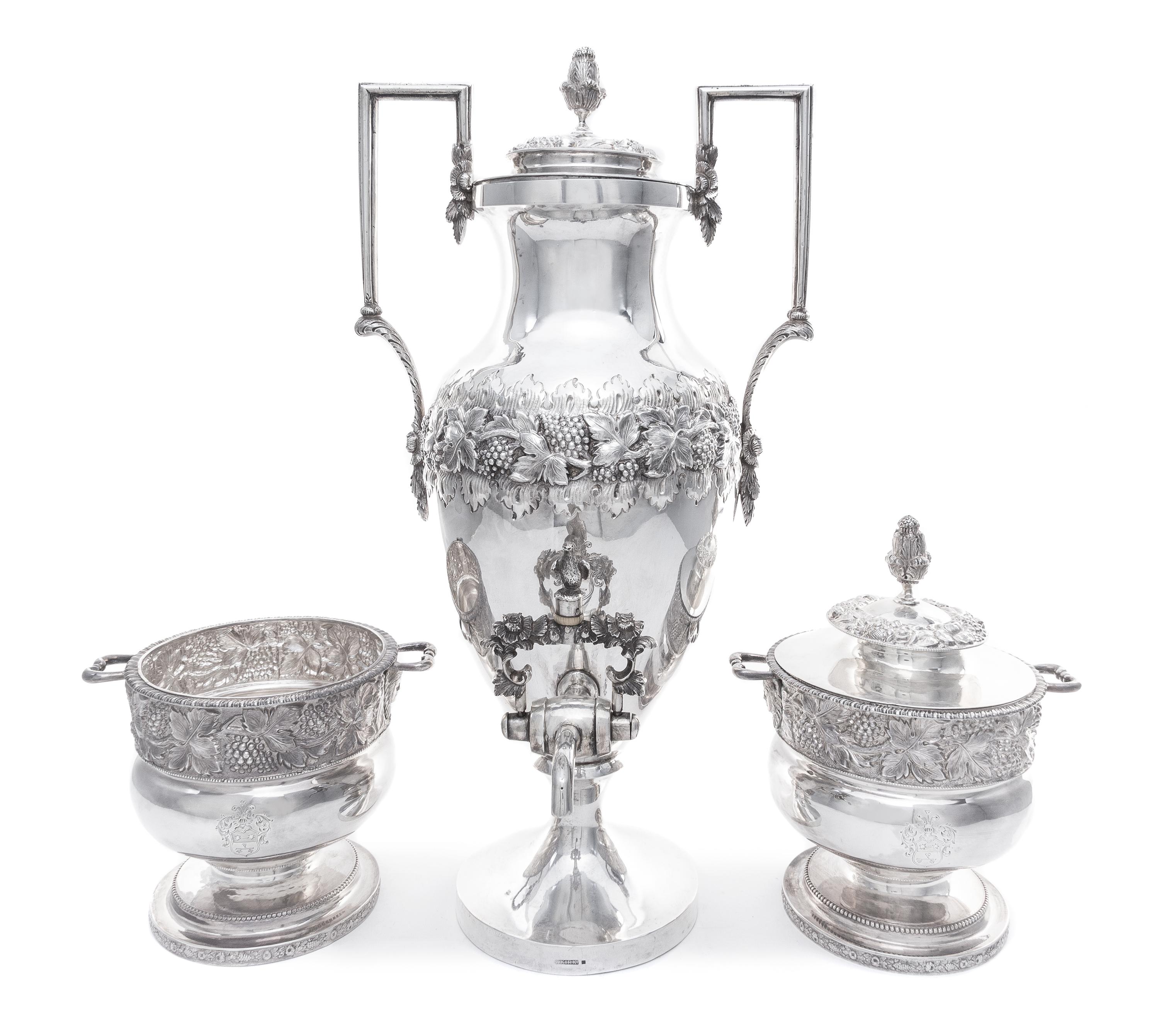 An American Silver Three-Piece Coffee Service, S. Kirk & Son, Baltimore, MD, First Half 19th Century, comprising a coffee urn, a covere