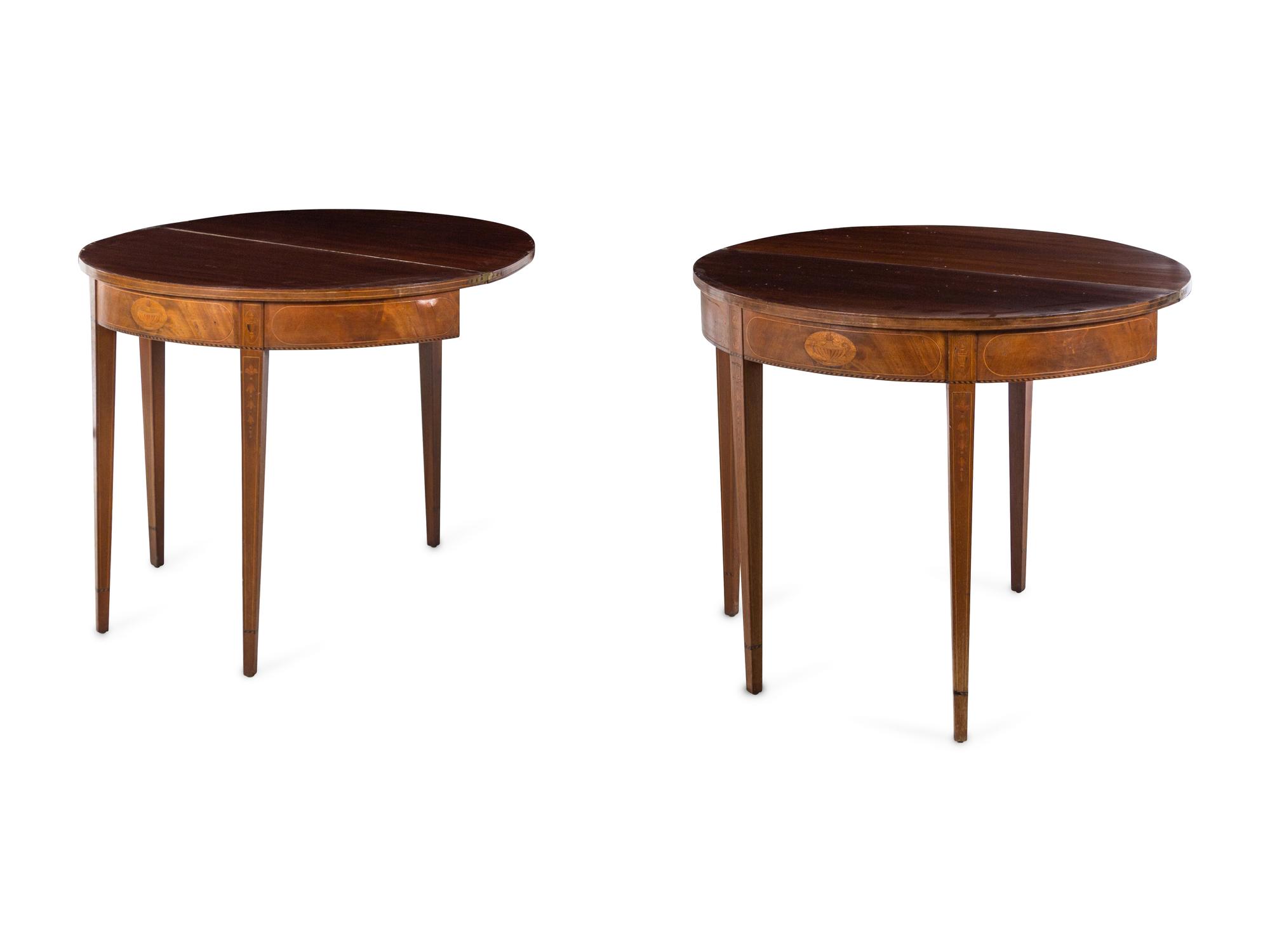 A Pair of George III Style Mahogany and Marquetry Flip-Top Tables