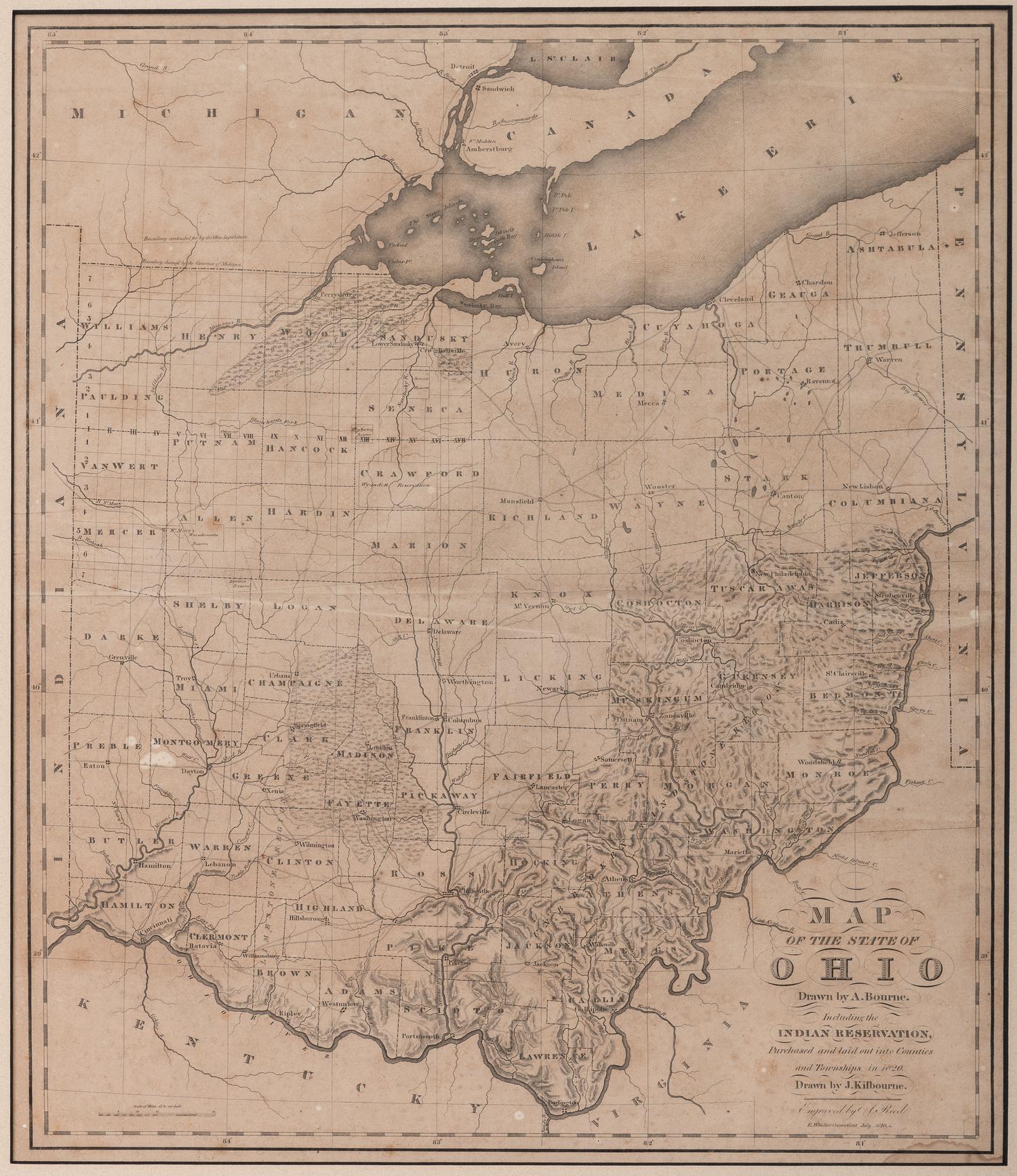 BOURNE, Alexander and KILBOURNE, John. Map of the State of Ohio Drawn by A. Bourne. Including the Indian Reservations, Purchased and laid out into Counties and Townships in 1820. Drawn by J. Kilbourne. Windsor, Connecticut, circa 1820.