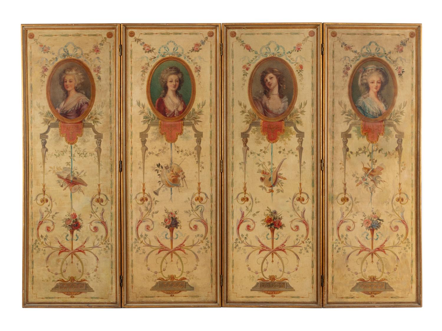 A French Painted Canvas Four-Panel Floor Screen