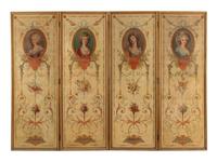 A French Painted Canvas Four-Panel Floor Screen