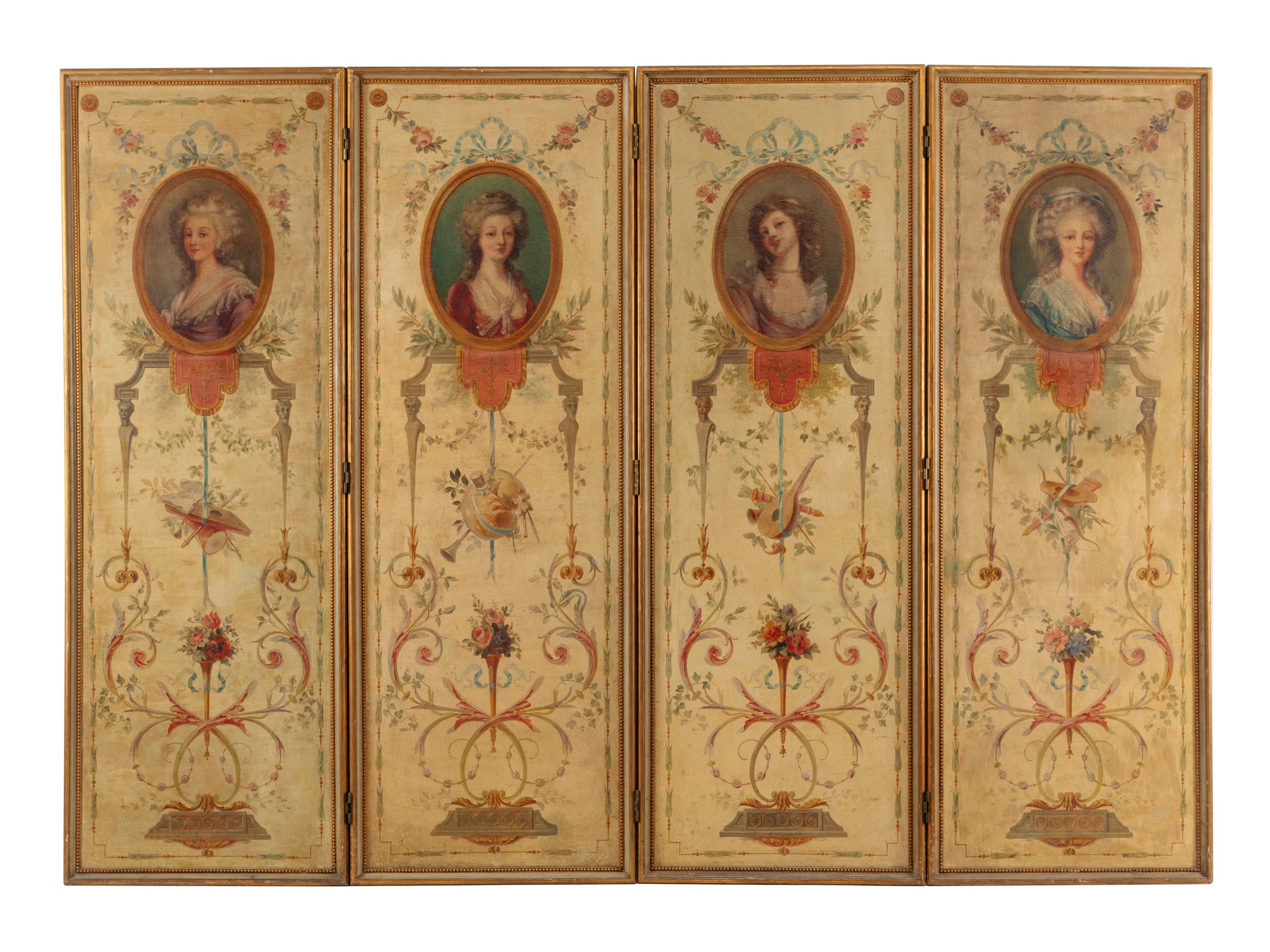 A French Painted Canvas Four-Panel Floor Screen
