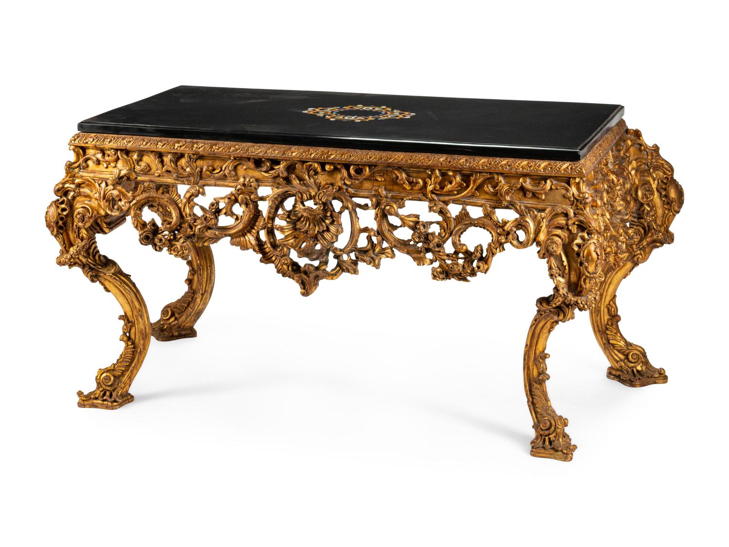 A George II Style Pierce Carved Giltwood Table with a Specimen Marble Top