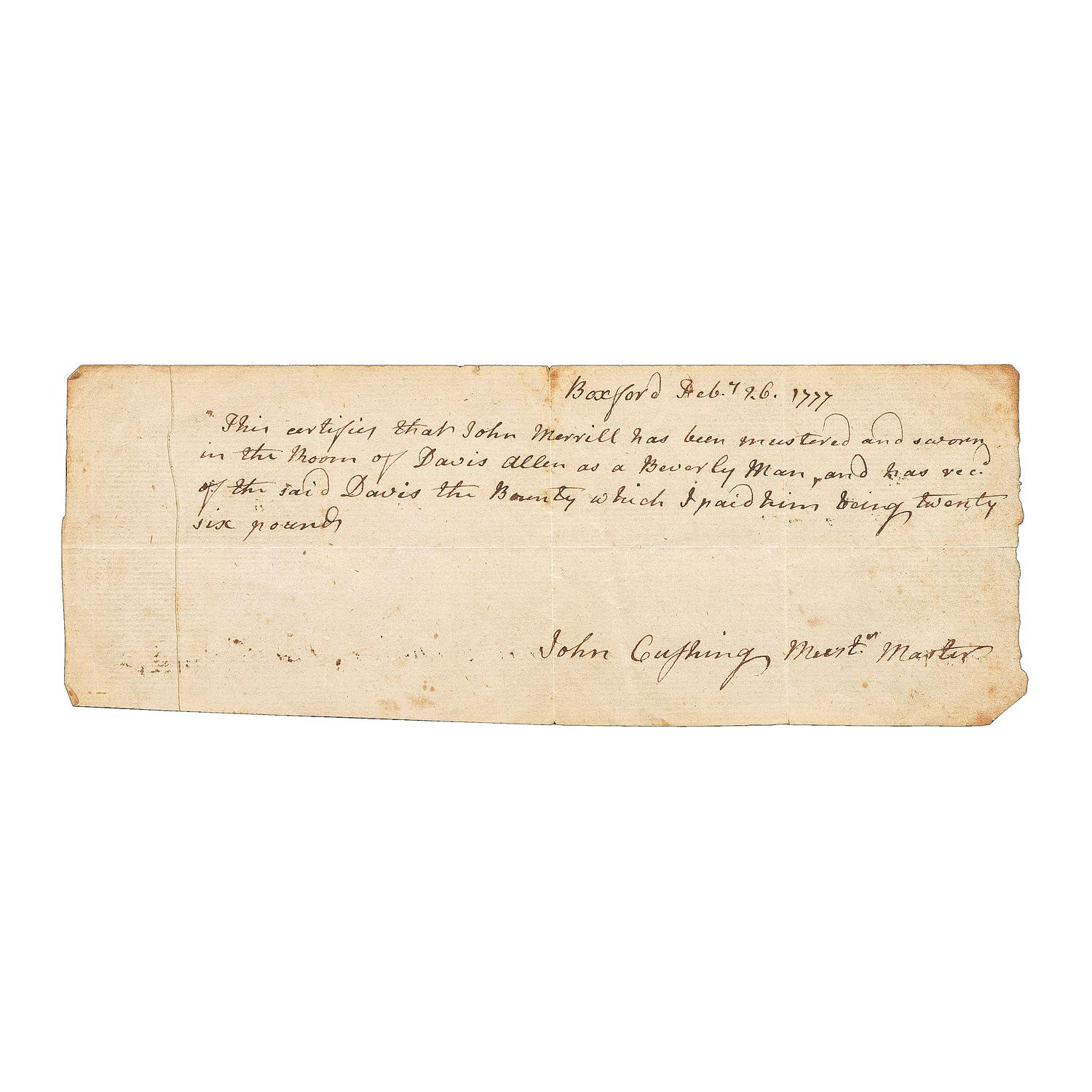 [REVOLUTIONARY WAR]. A group of 2 Massachusetts documents including an enlistment bounty receipt for a Revolutionary War soldier.