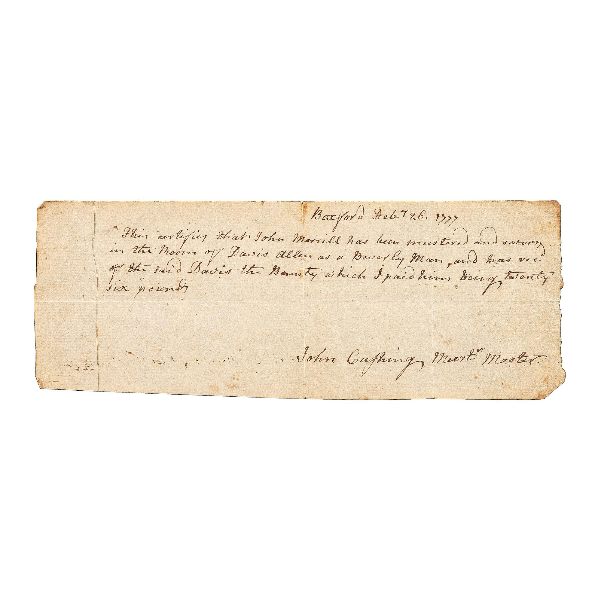 [REVOLUTIONARY WAR]. A group of 2 Massachusetts documents including an enlistment bounty receipt for a Revolutionary War soldier.