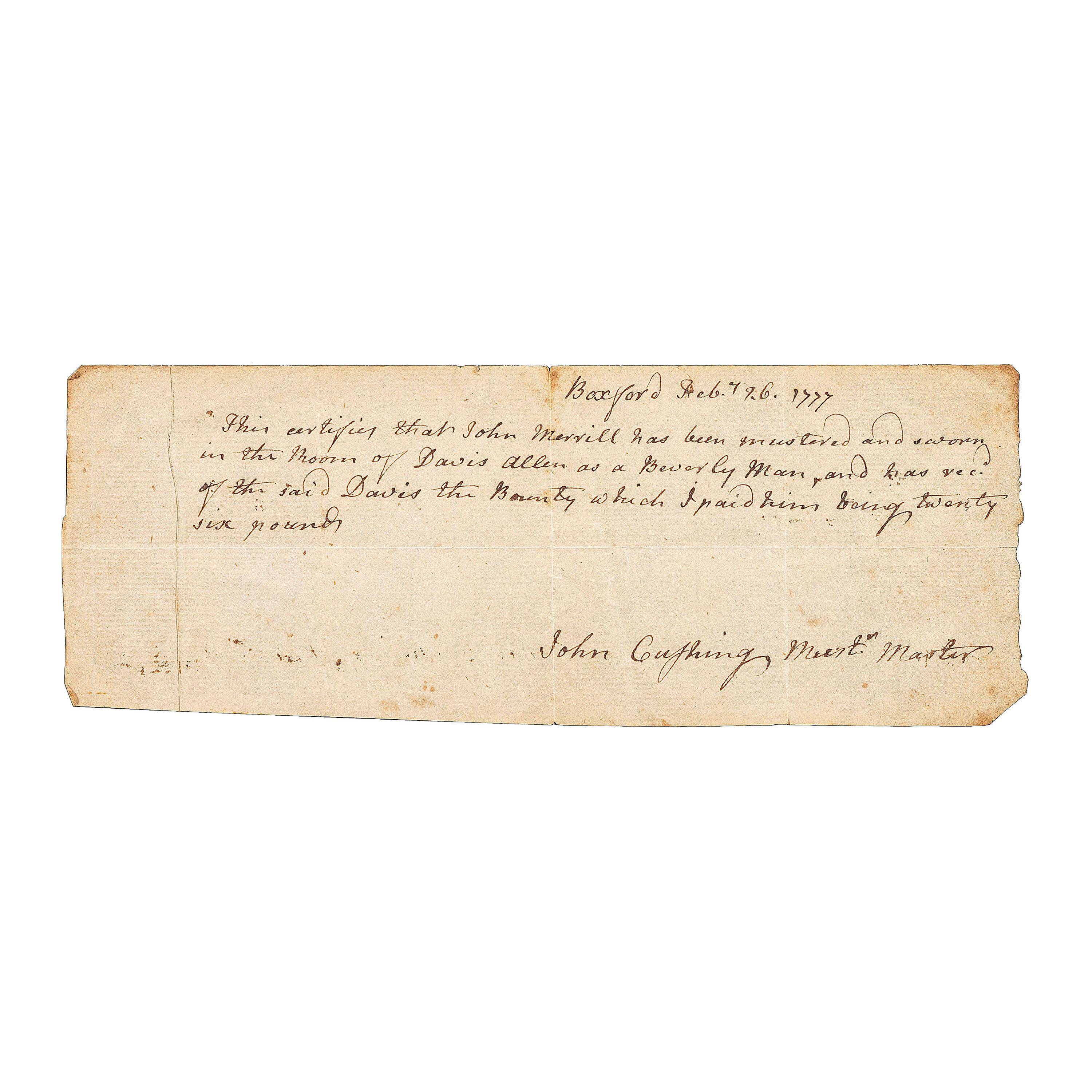 [REVOLUTIONARY WAR]. A group of 2 Massachusetts documents including an enlistment bounty receipt for a Revolutionary War soldier.