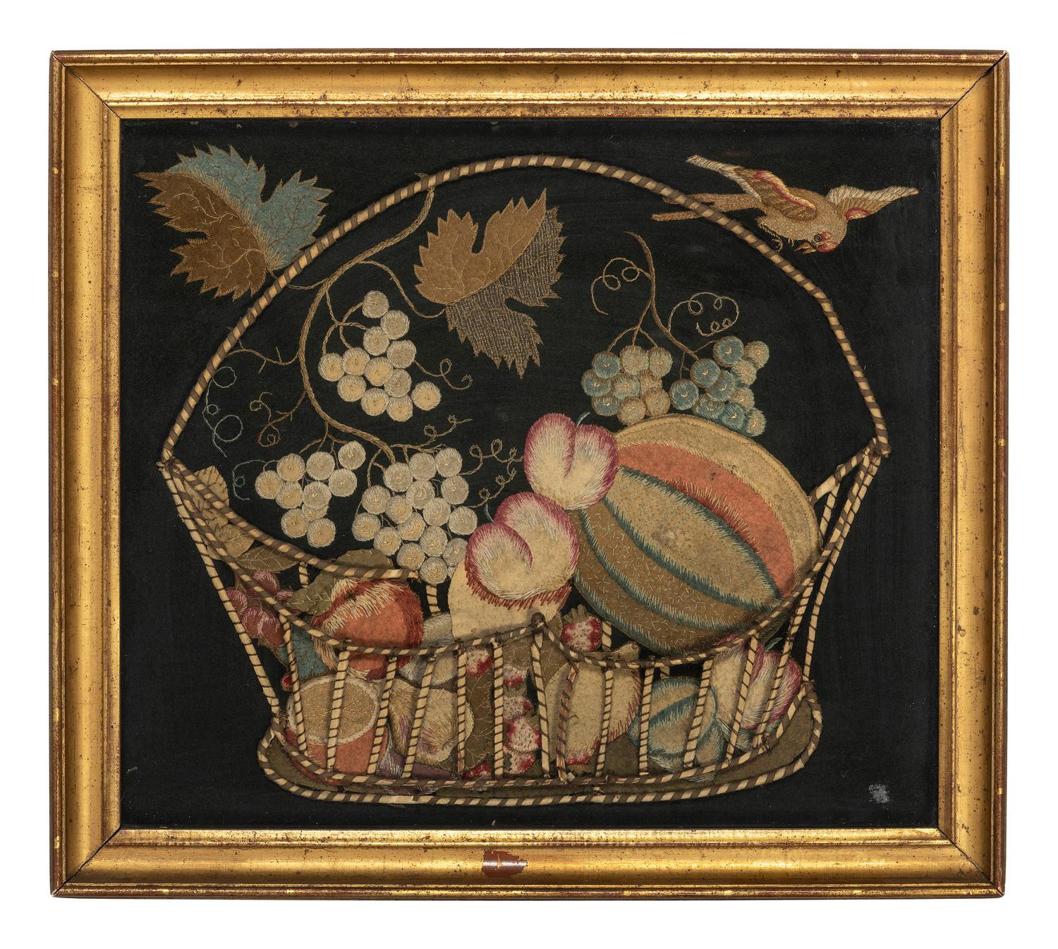 An American Stumpwork Embroidery of Fruit in a Whalebone Basket