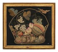 An American Stumpwork Embroidery of Fruit in a Whalebone Basket