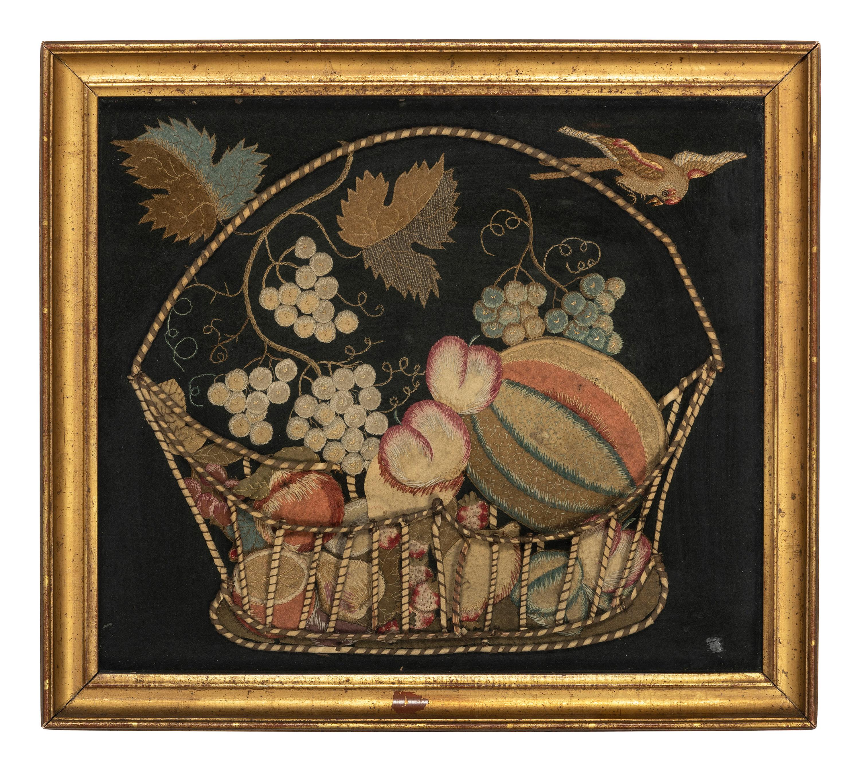 An American Stumpwork Embroidery of Fruit in a Whalebone Basket