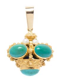 A Yellow Gold, Turquoise and Cultured Pearl Pendant, 11.90 dwts. 12.0 dwts.