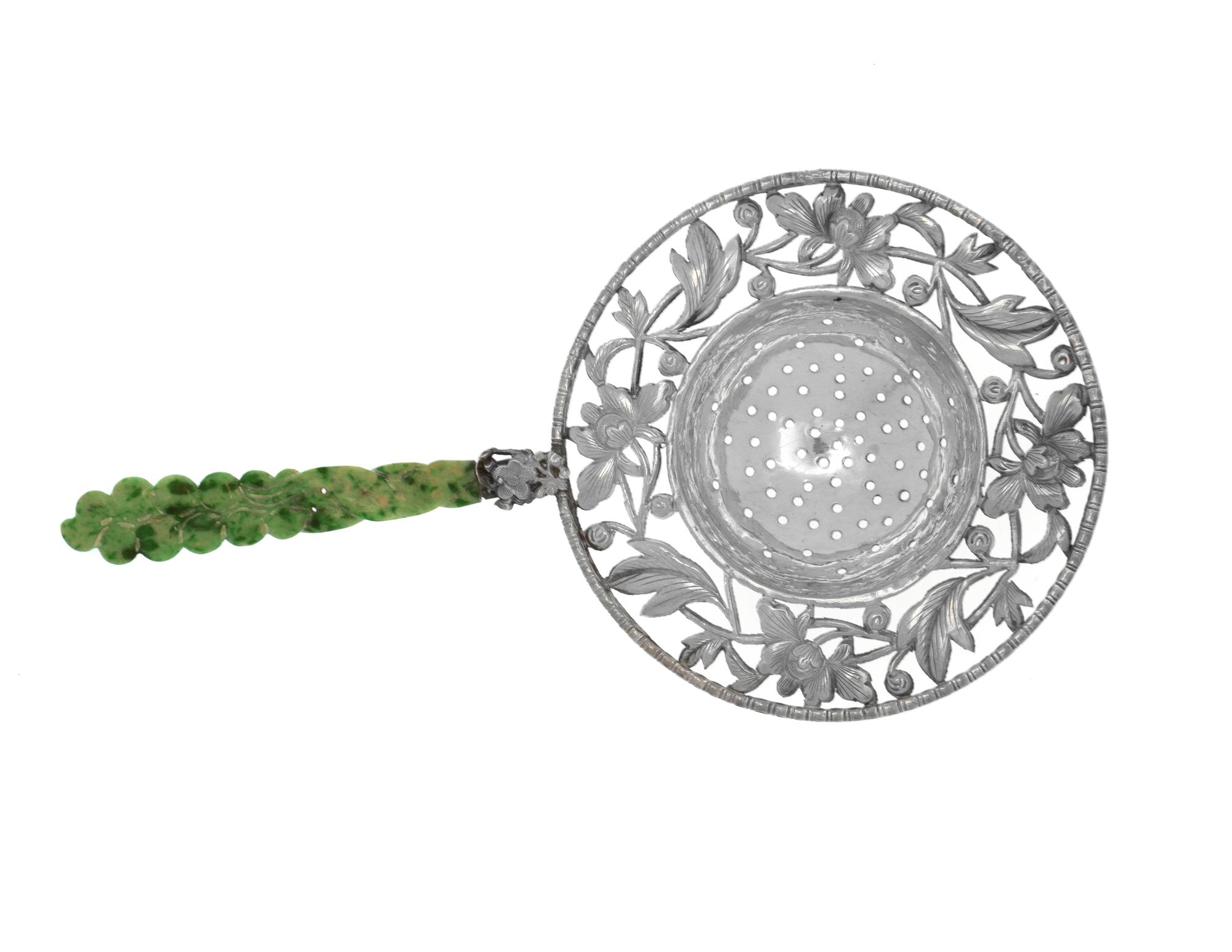 A Chinese Export Silver Tea Ladle with Jadeite Handle