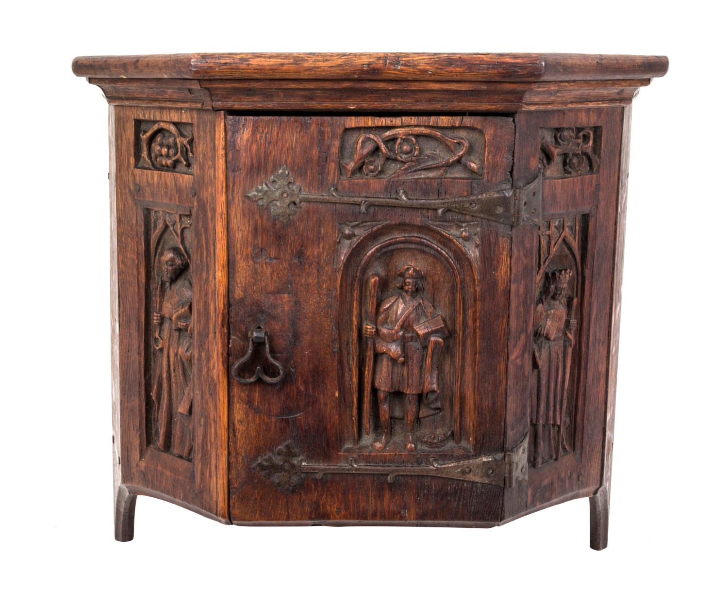 A Gothic Oak Hanging Cabinet Height 19 3/4 x width 20 1/2 x depth 10 inches.