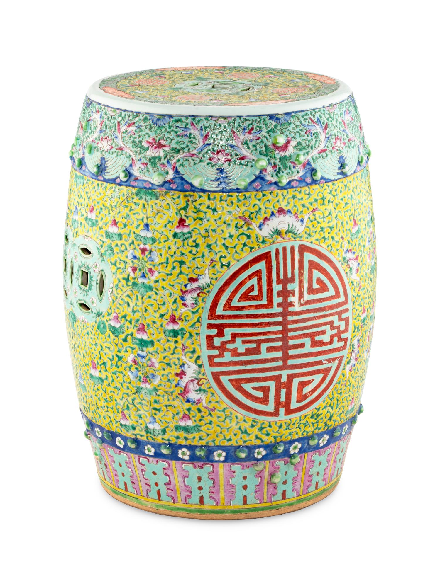 A Chinese Yellow Ground Famille Rose Porcelain Garden Stool