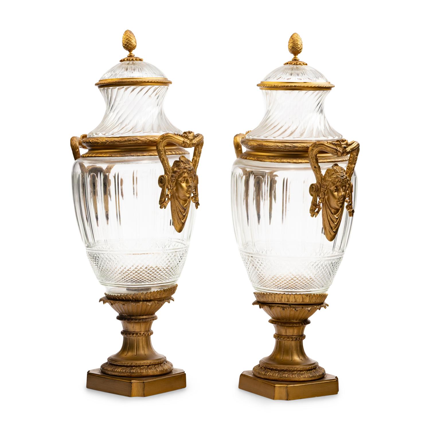 A Pair of Large Baccarat Gilt Bronze and Cut-Glass Urns