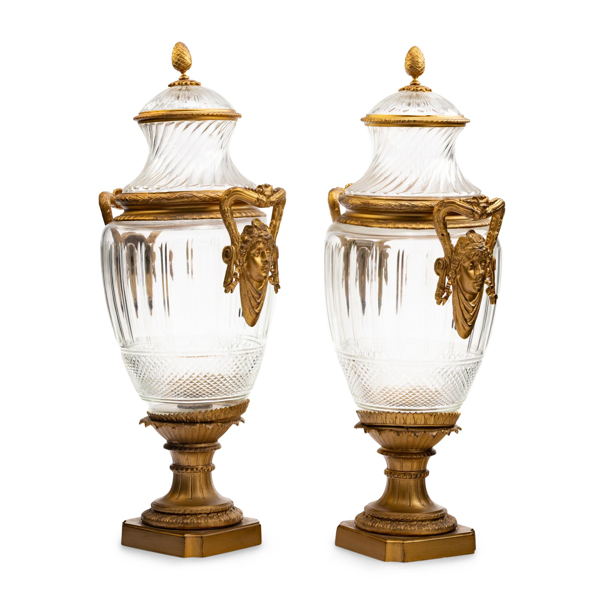 A Pair of Large Baccarat Gilt Bronze and Cut-Glass Urns