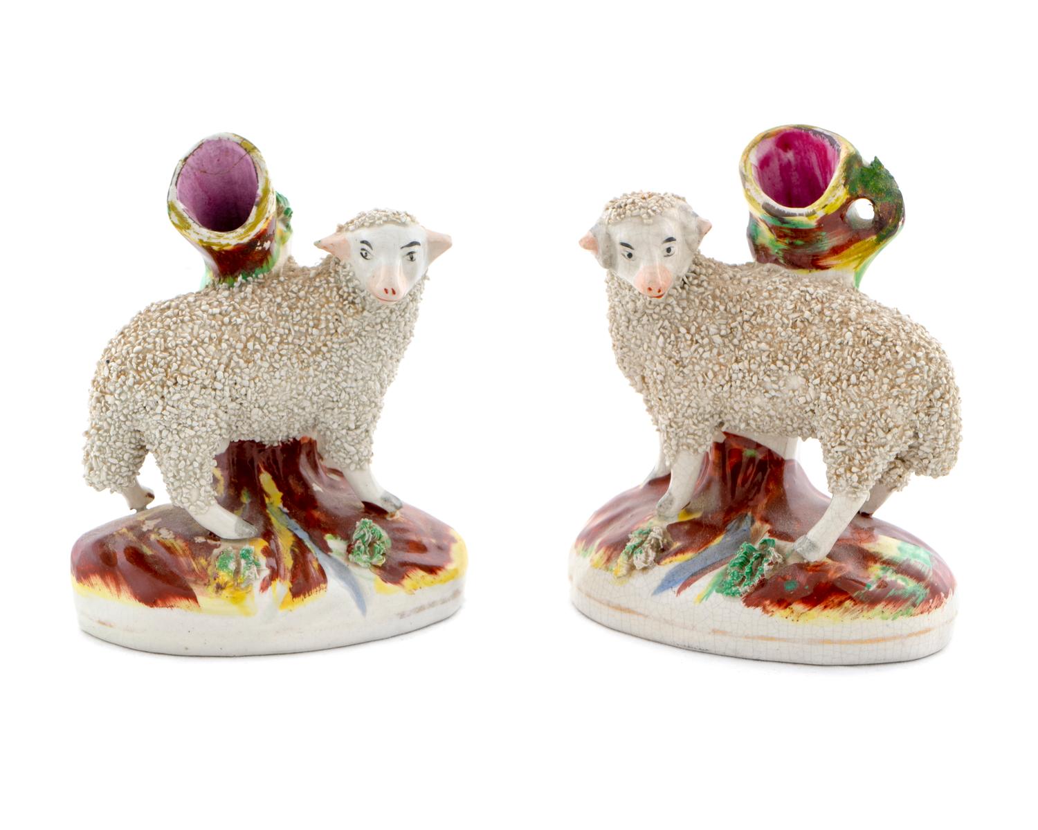 A Pair of Staffordshire Spill Vases with Sheep — 19TH CENTURY