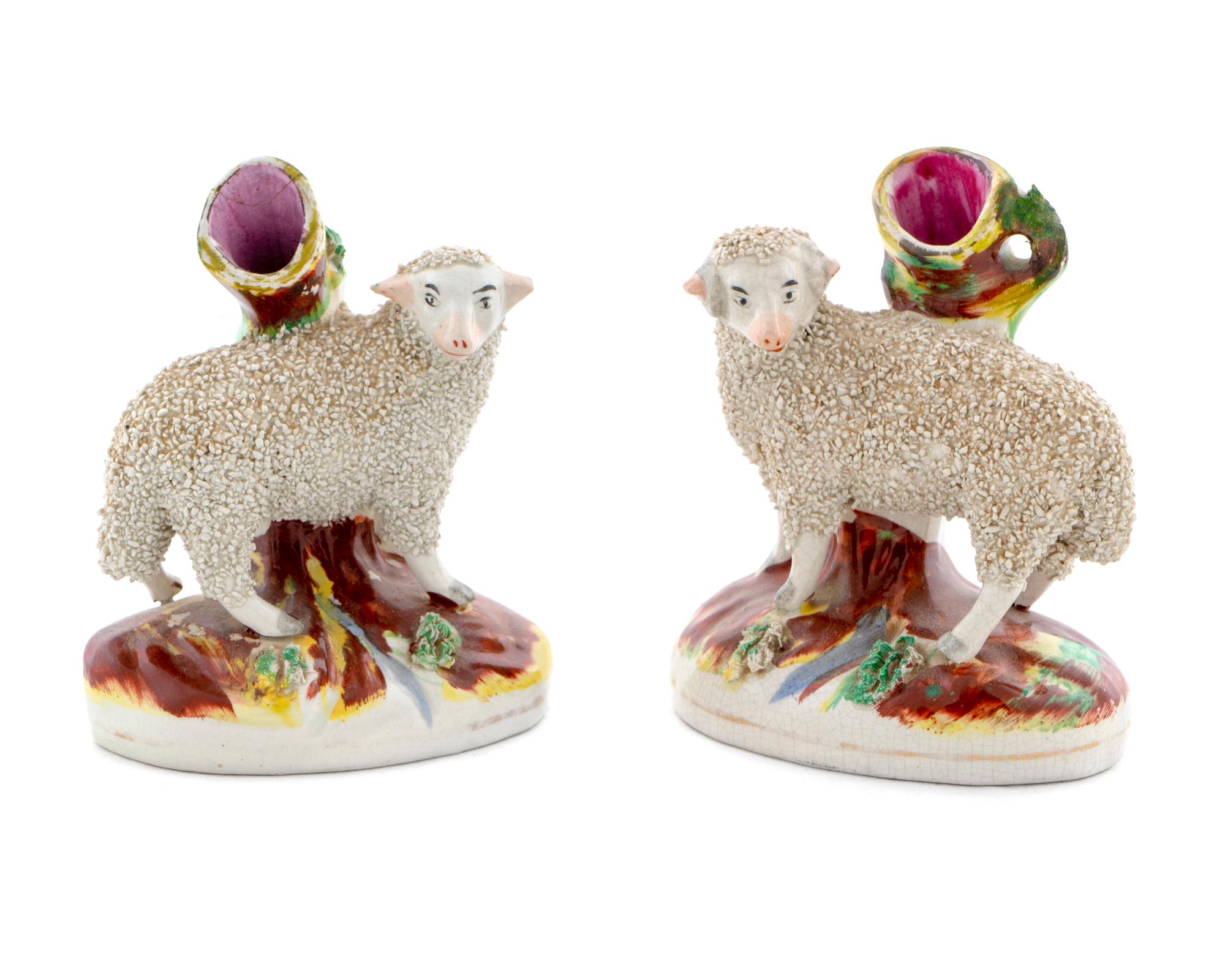 A Pair of Staffordshire Spill Vases with Sheep — 19TH CENTURY