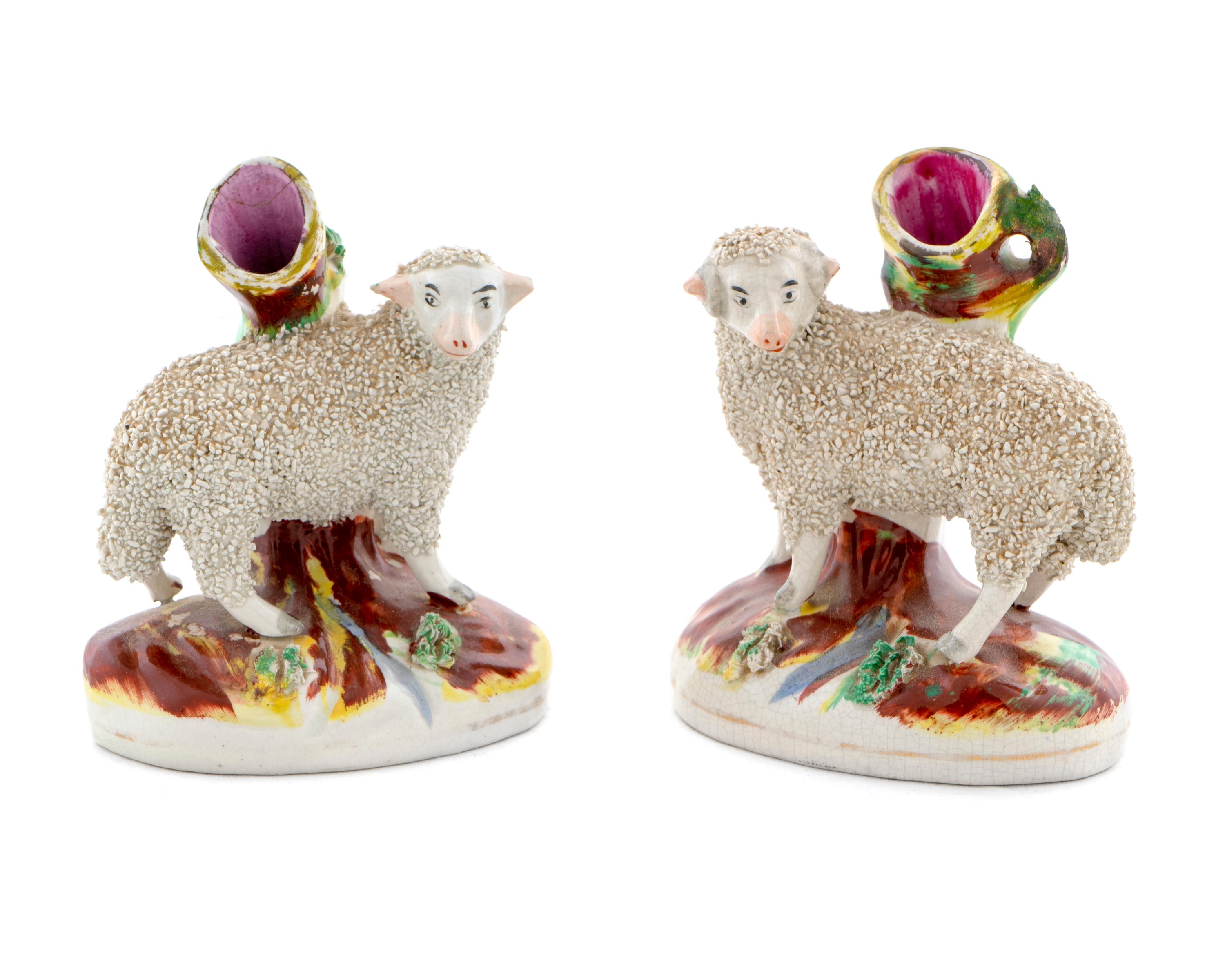A Pair of Staffordshire Spill Vases with Sheep — 19TH CENTURY