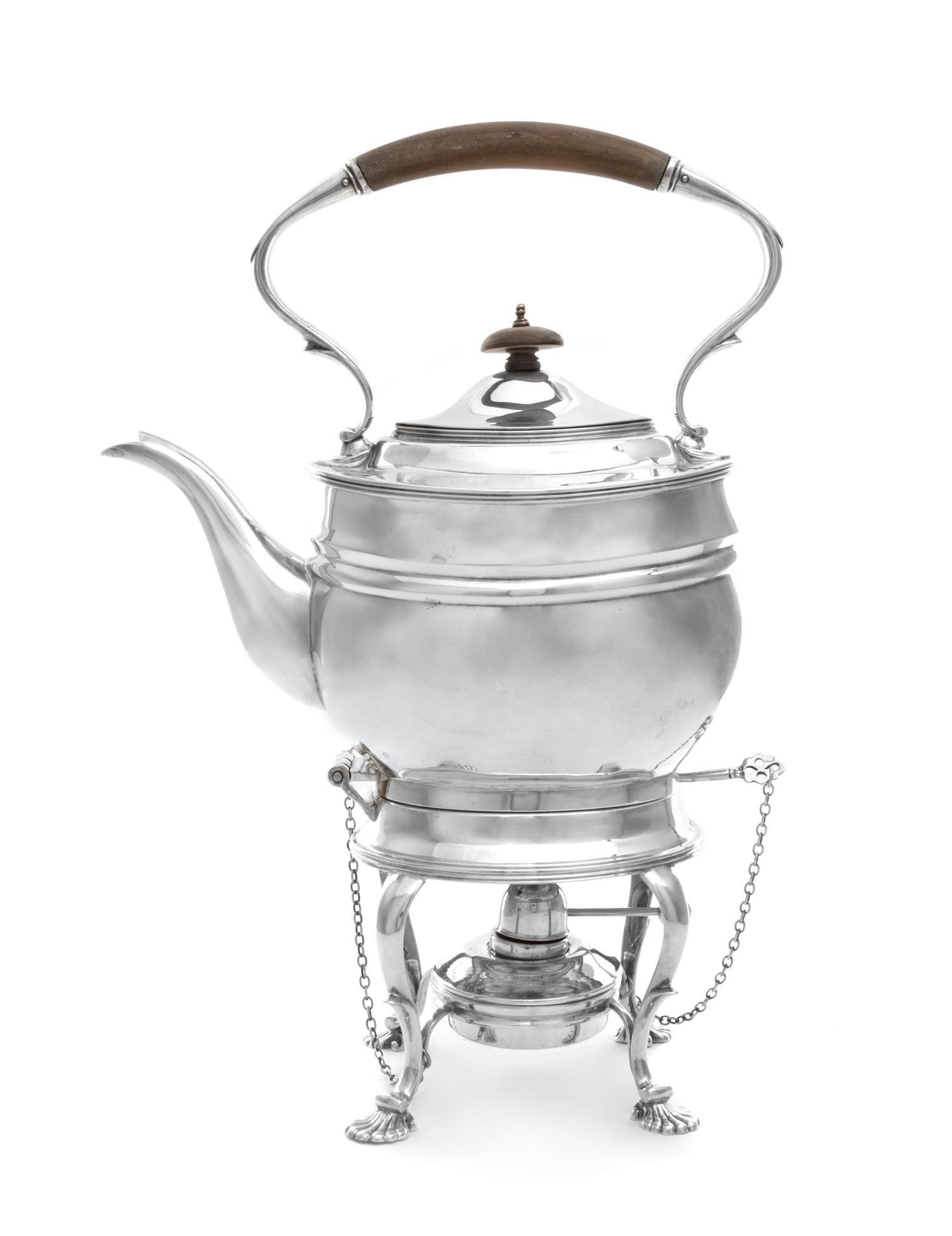 A George VI Silver Kettle on Stand, T.F. & Sons Ltd., London, 1938, the kettle having a wood handle and finial and raised on four cabri