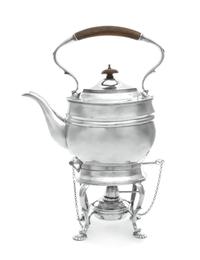 A George VI Silver Kettle on Stand, T.F. & Sons Ltd., London, 1938, the kettle having a wood handle and finial and raised on four cabri