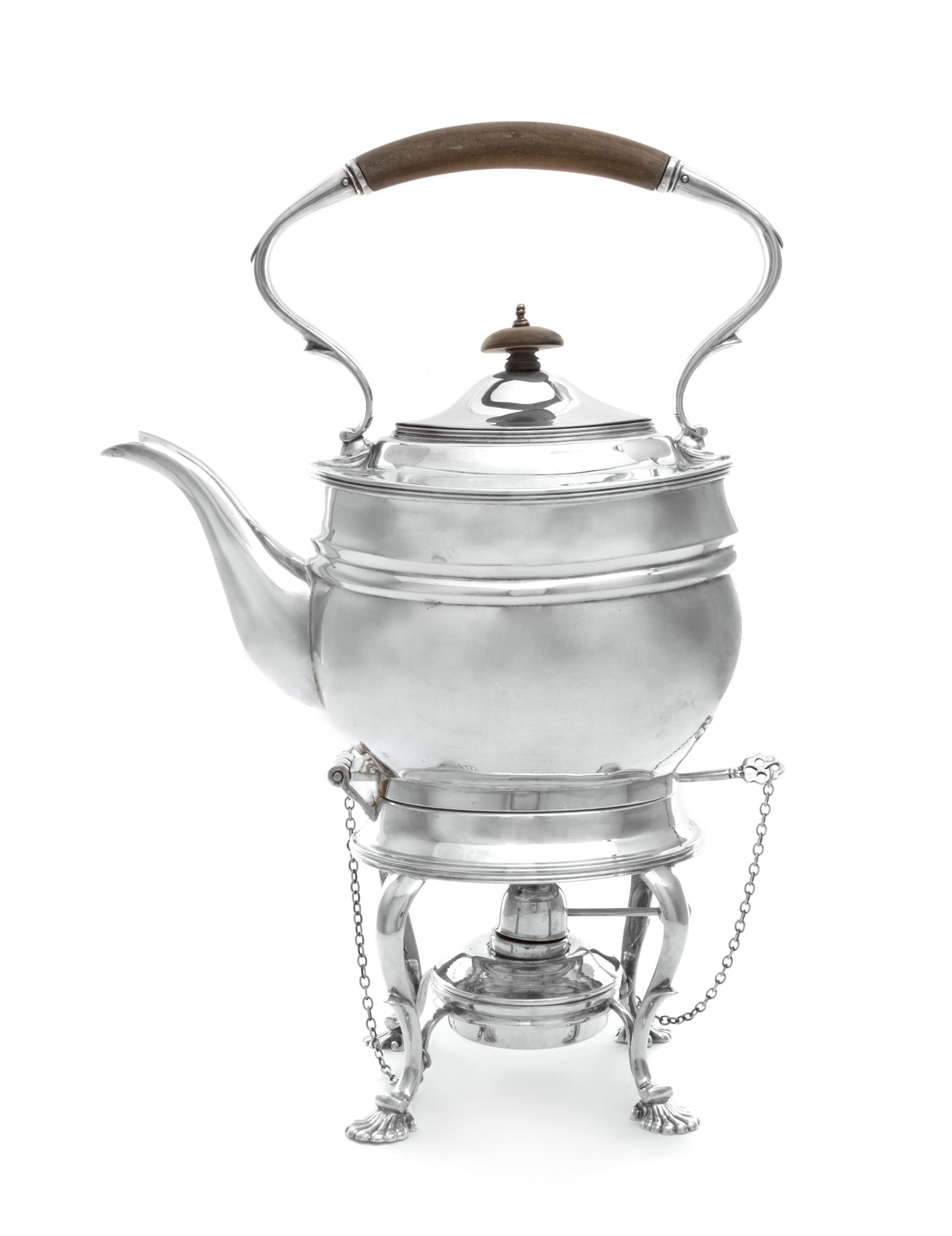 A George VI Silver Kettle on Stand, T.F. & Sons Ltd., London, 1938, the kettle having a wood handle and finial and raised on four cabri