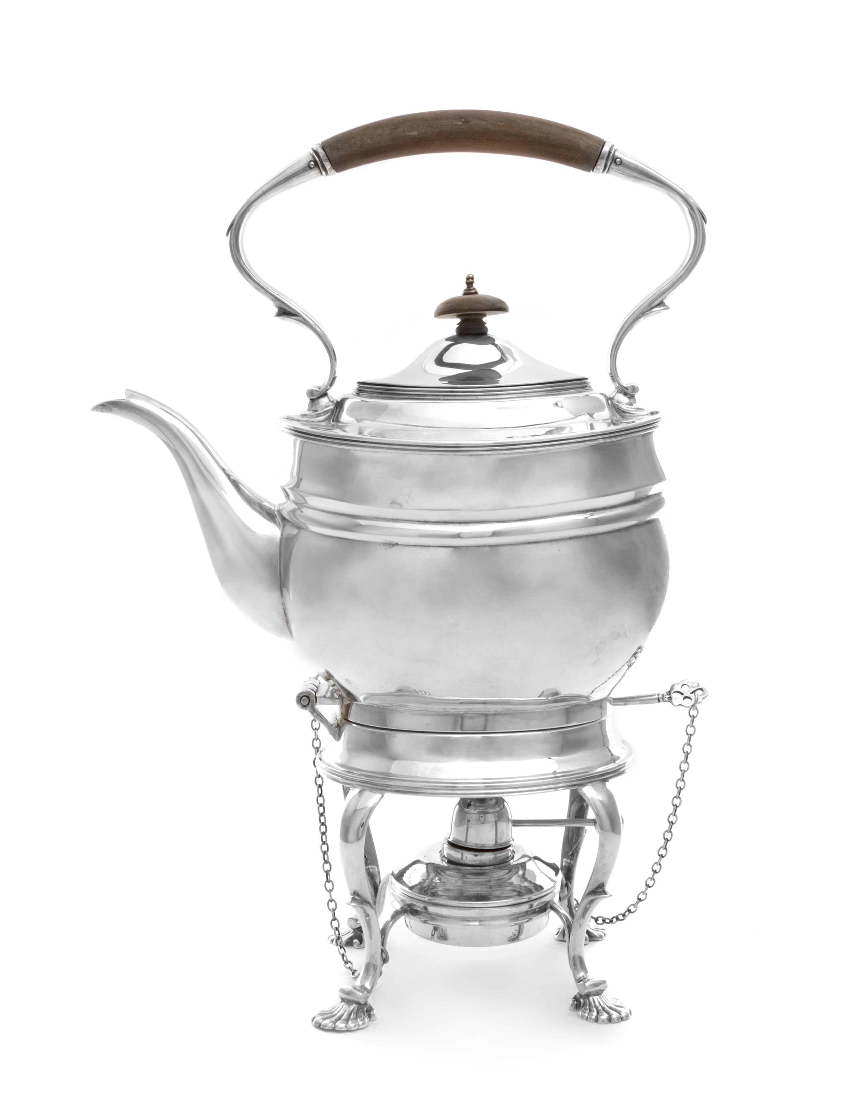 A George VI Silver Kettle on Stand, T.F. & Sons Ltd., London, 1938, the kettle having a wood handle and finial and raised on four cabri