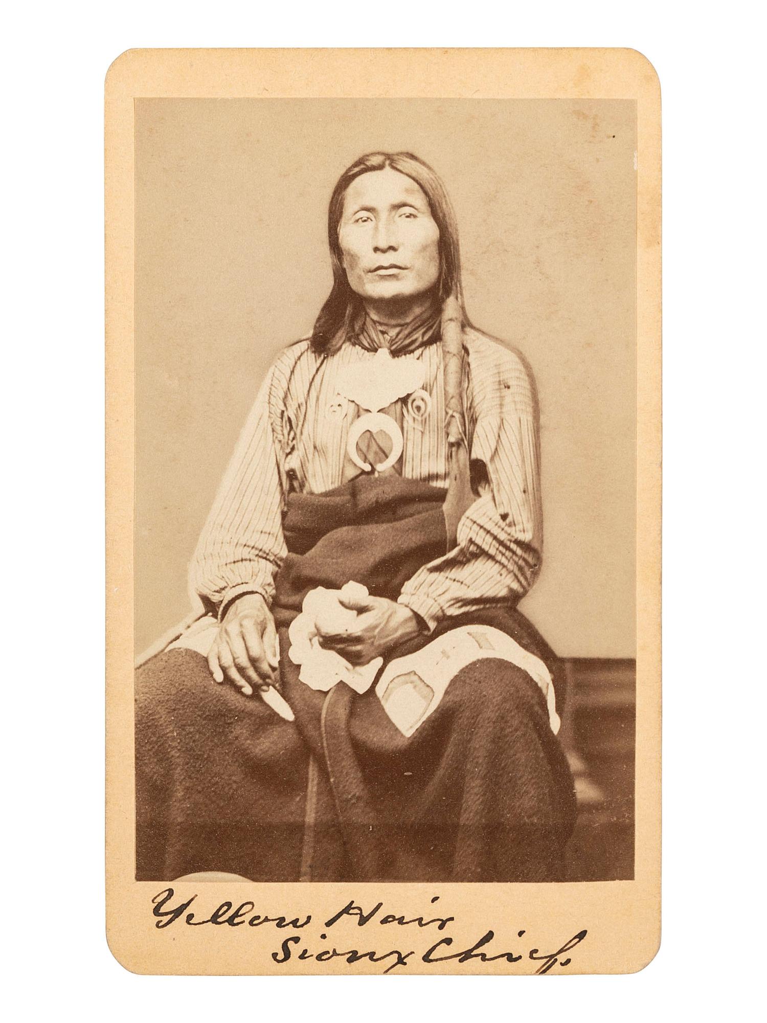 [NATIVE AMERICANS]. CDV of "Yellow Hair / Sioux Chief." Colorado Springs, CO: Byron H. Gurnsey, [1870].