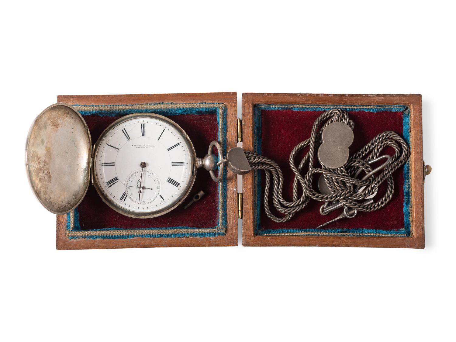 Silver patent lever pocket watch engraved with cavalry scenes.