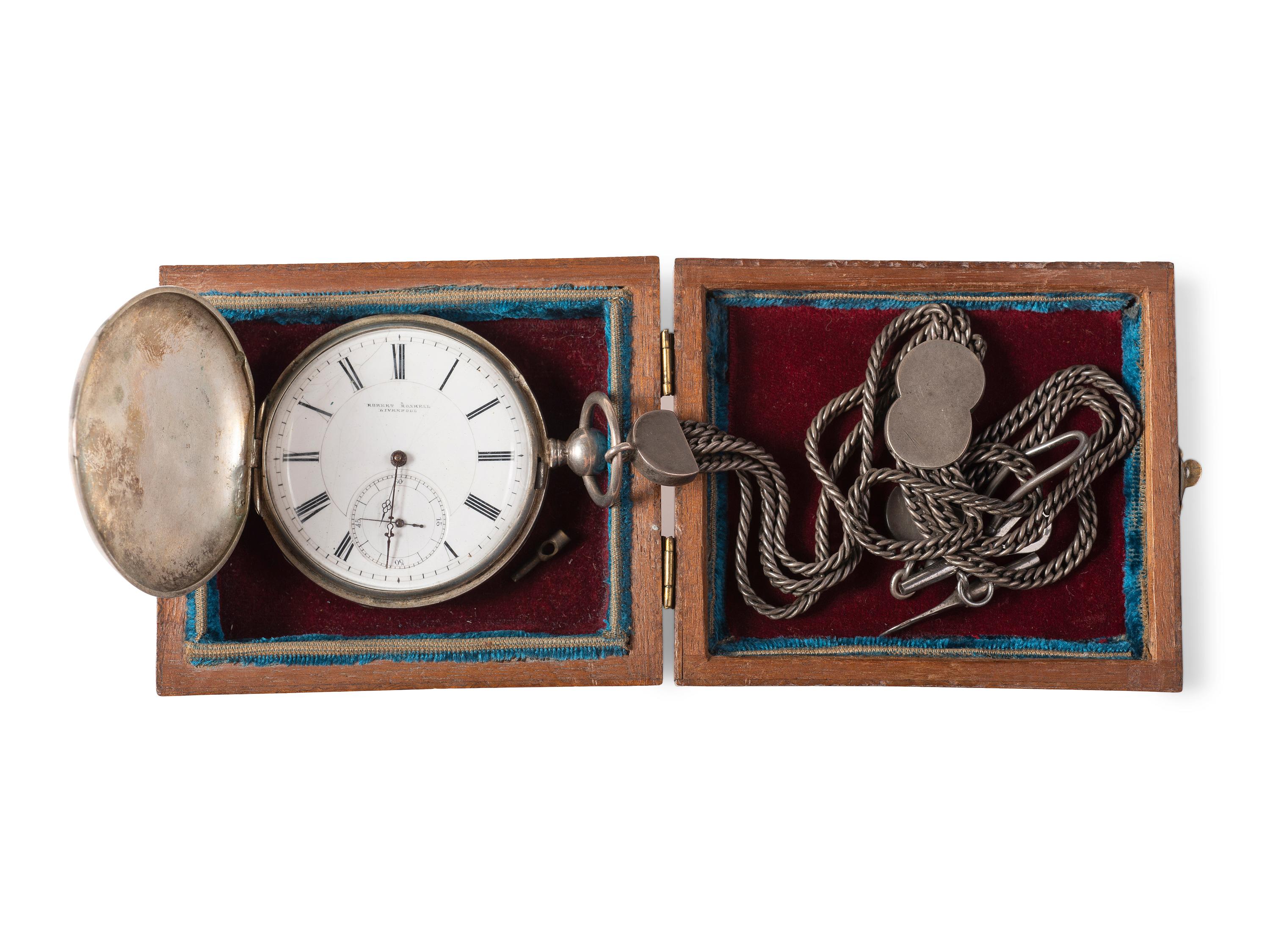Silver patent lever pocket watch engraved with cavalry scenes.