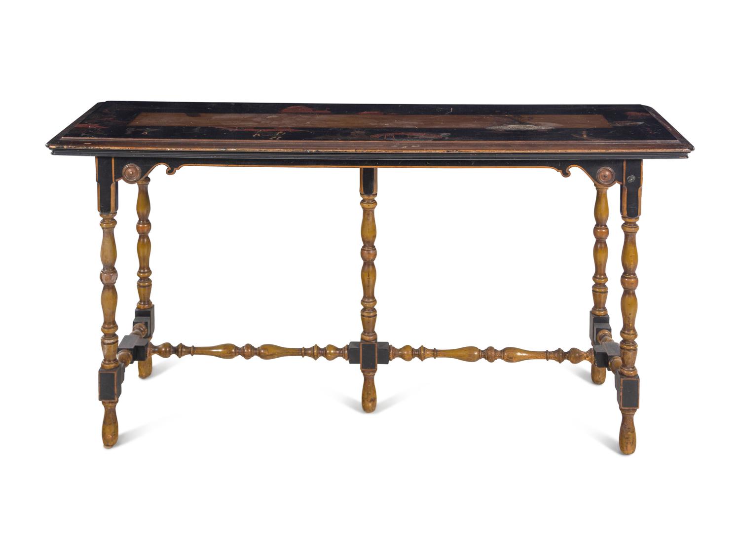 A Chinoiserie Decorated Black Lacquered Console Table