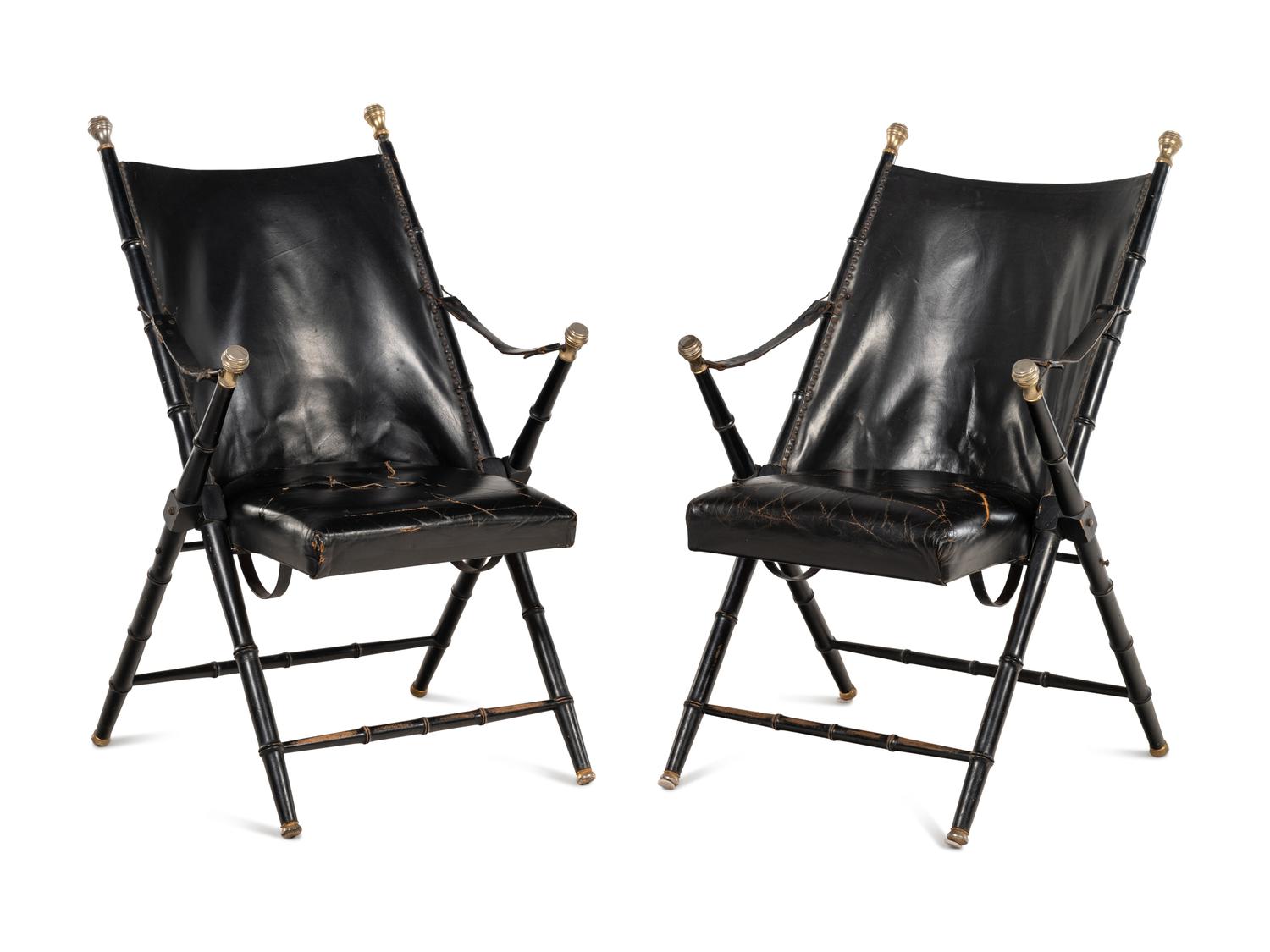 A Pair of Spanish Leather-Upholstered Campaign Folding Chairs by Valenti