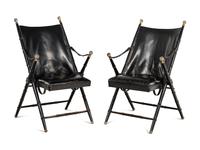 A Pair of Spanish Leather-Upholstered Campaign Folding Chairs by Valenti